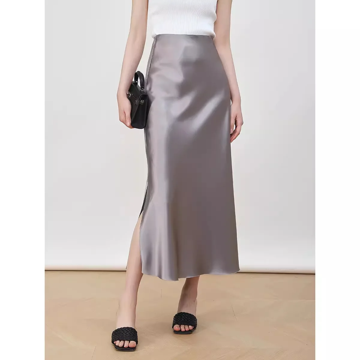 Women's Acetic Acid Satin Elegant Bag Hip Skirt Temperament Multi Color High Waist Slim Side Split Elastic Skirts Plus Size New