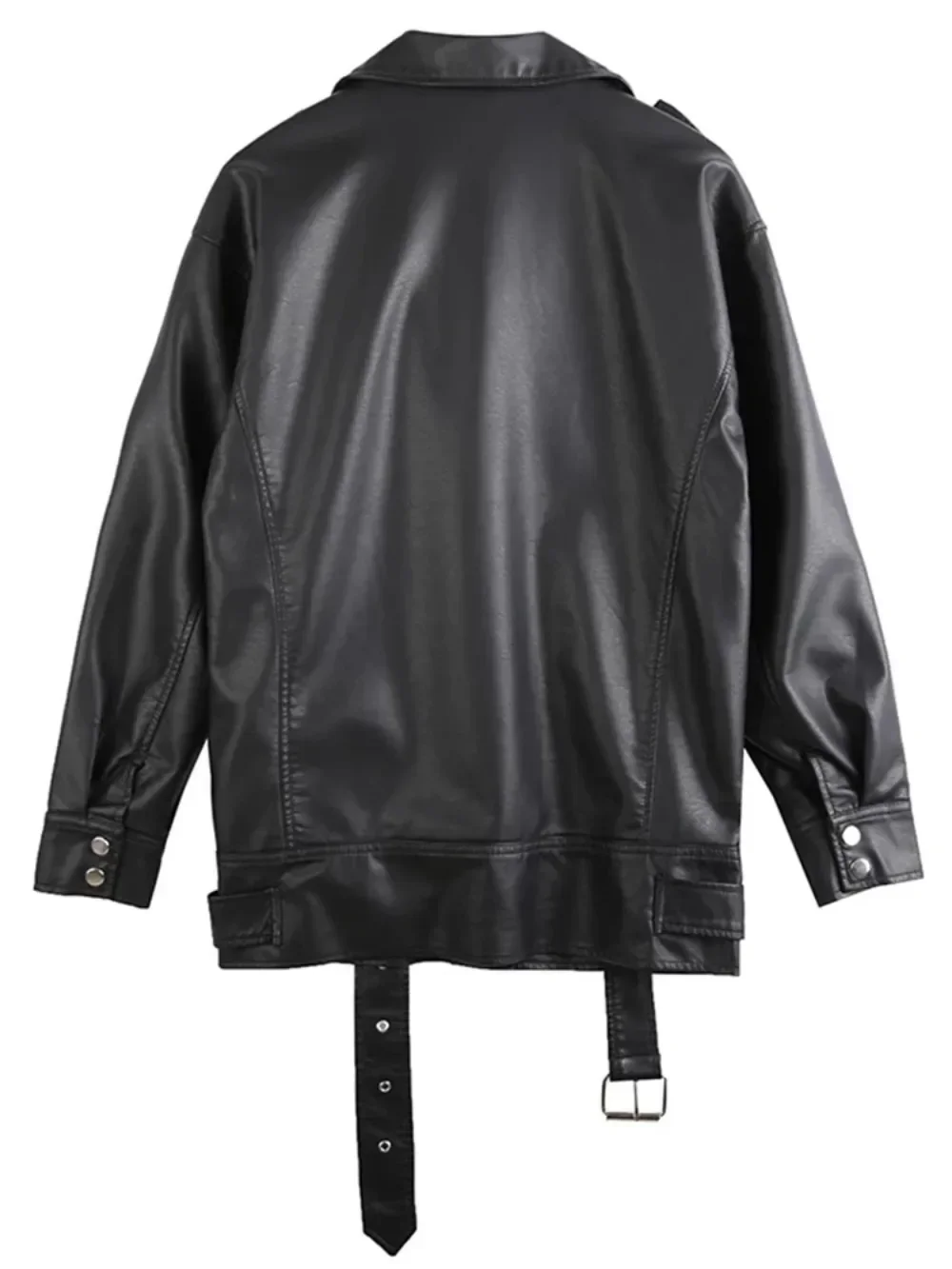 Oversize American Loose Motorcycle Faux Leather Jackets Fashion Black PU Leather Jackets Women with Belt Causal Outerwear