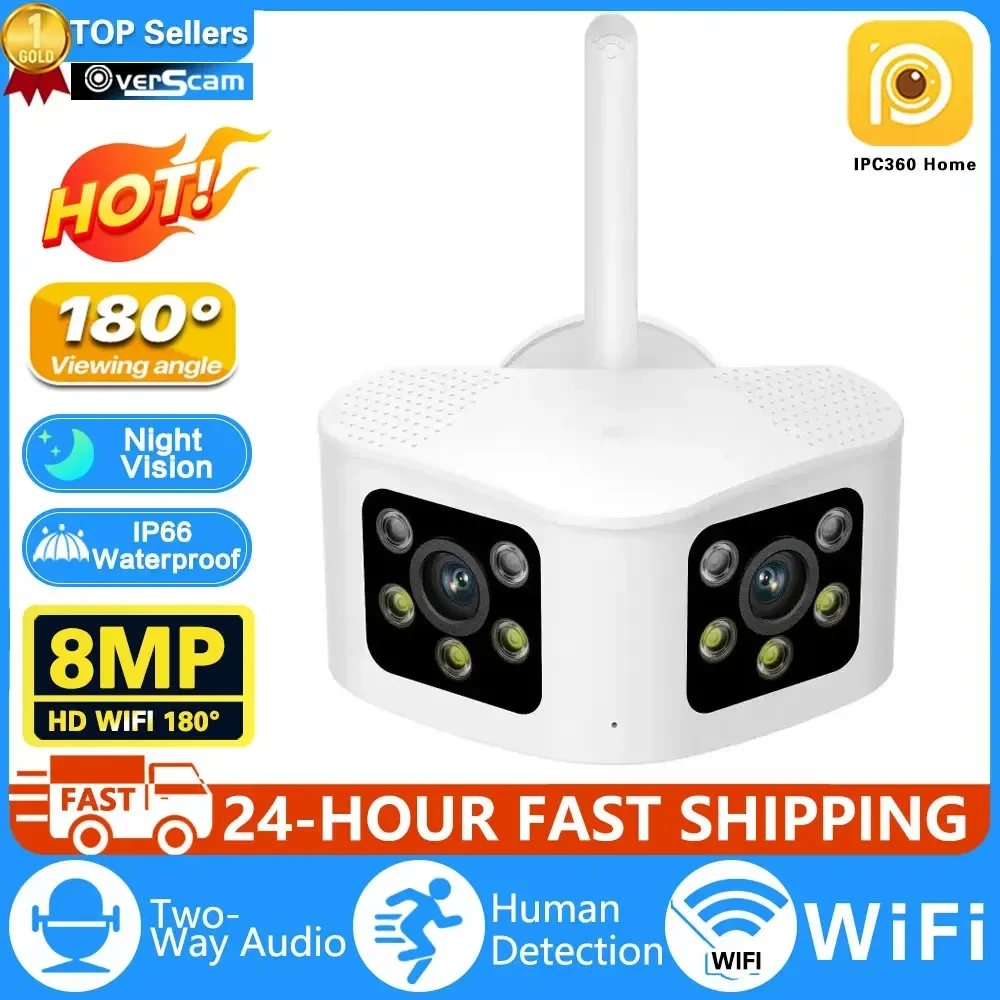 

8MP 4K 180° Ultra Wide View Angle Panoramic WIFI Dual Lens 4MP IP Camera Outdoor Color Motion Detection Home Security Camera