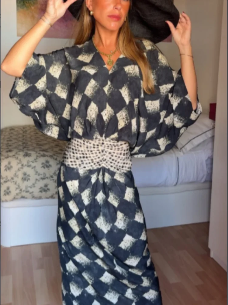2026 Spring Summer Casual Holiday Lady RobesElegant Plaid Printed Women's Dress V-neck Batwing Sleeve Waist Cinching Long Dress