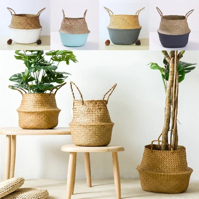 New Straw Weaving Flower Plant Pot Basket Grass Planter Basket Indoor Outdoor Flower Pot Plant Containers Dirty Basket Macrame