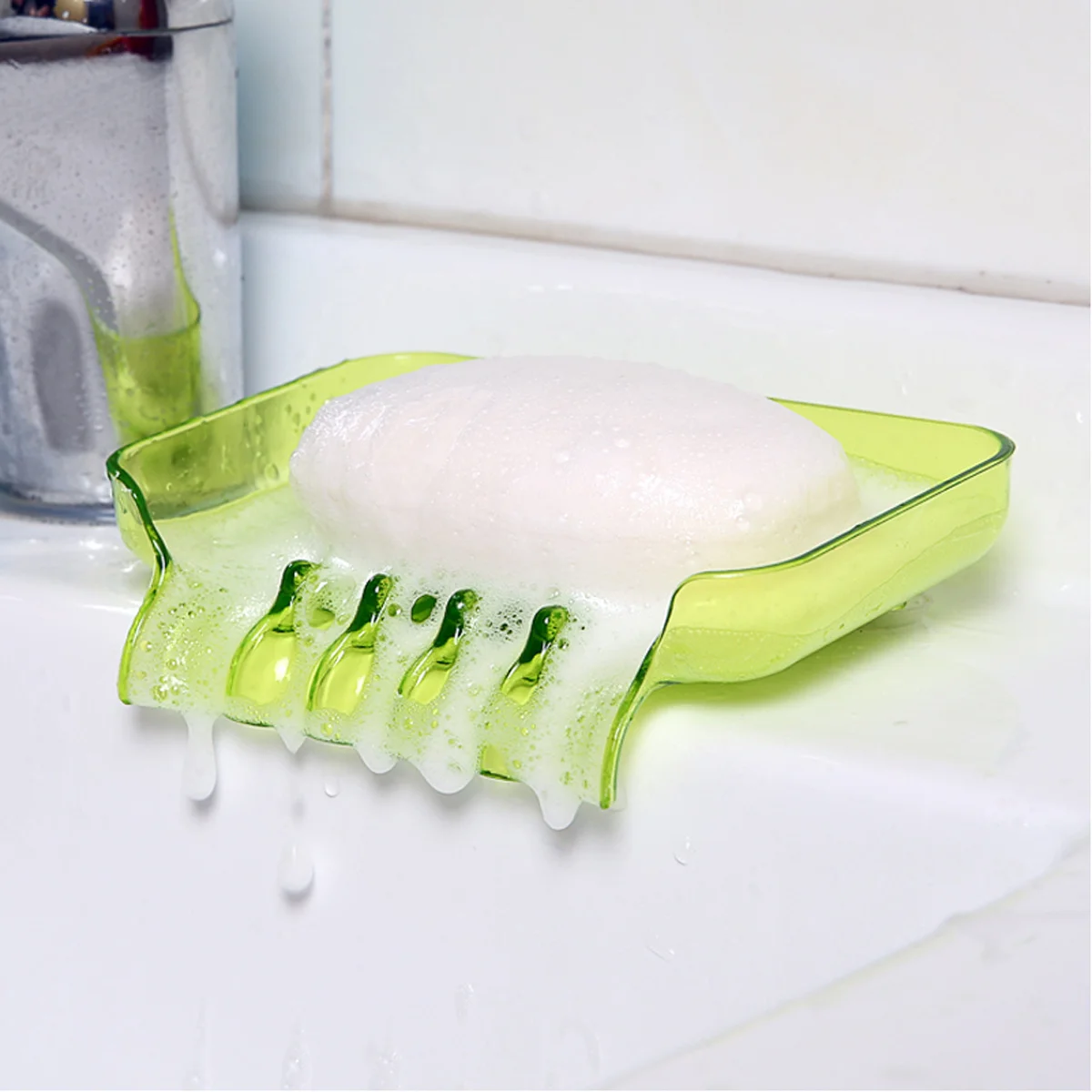 

Soap Dish Drain Countertop Sponge Holders Automatic Bathroom Tray Dishes Green Decorative