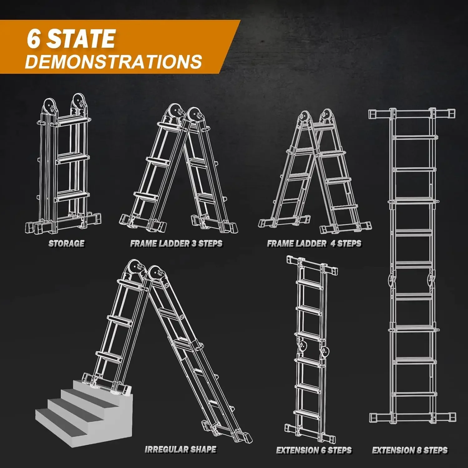 Soctone Ladder, A Frame 3 Step Ladder Extension Ladder, 13 Ft Multi Position Ladder & Removable Tool Tray with Stabilizer Bar, 3