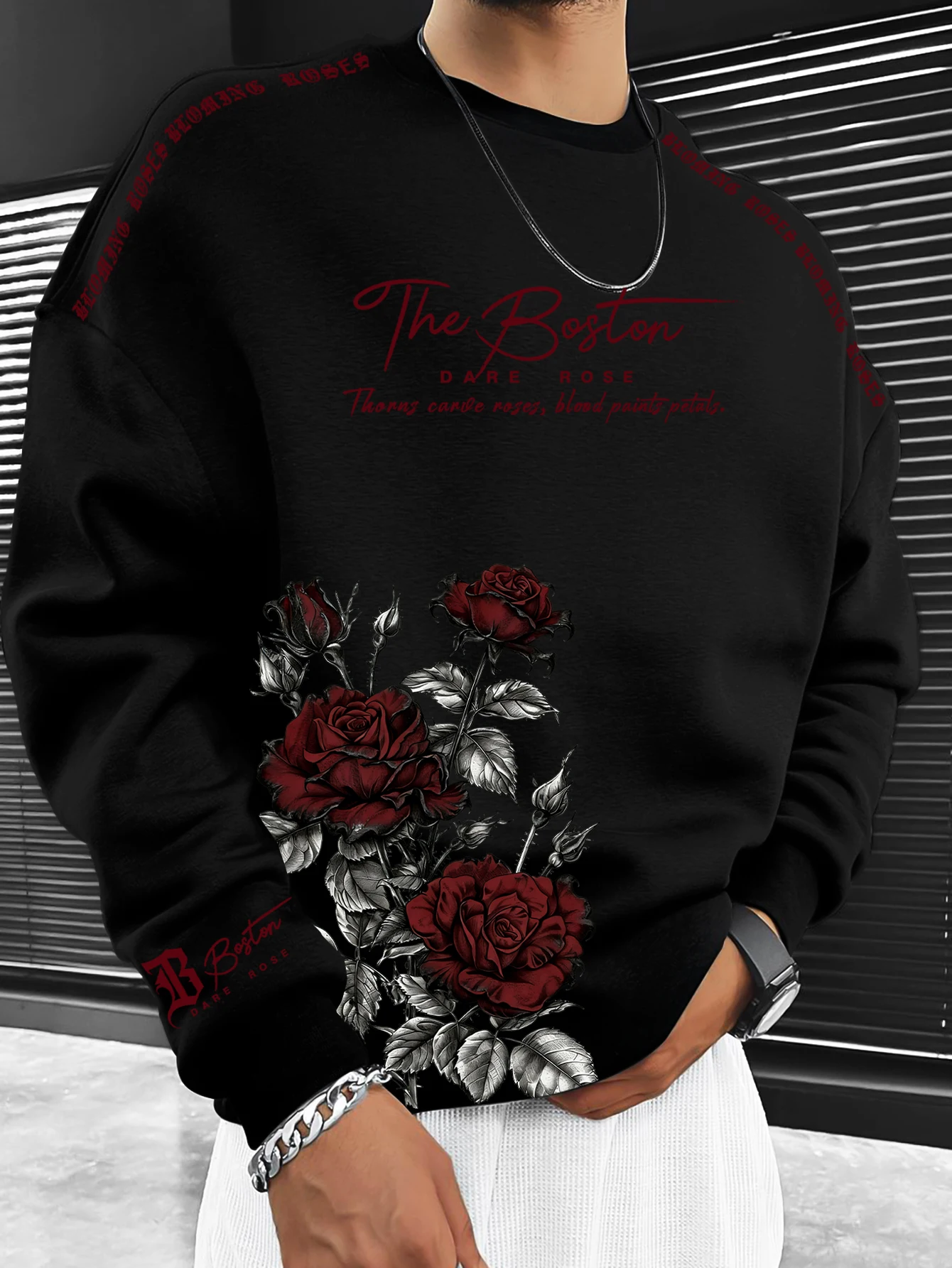 Men Casual Crew Neck Long‑Sleeve Top, Boston Red Rose Script Letter Graphic Print Sweatshirt，S-XXL