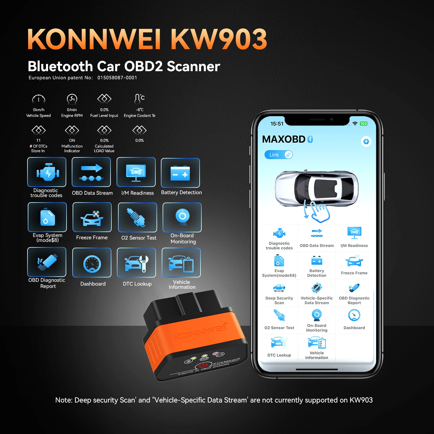 2026 KONNWEI KW903 ELM327 V1.5 OBD2 Scanner Bluetooth 5.0 OBDII 12V Car Diagnostic Tool for Android/iOS Code Reader pk Vgate ICA
