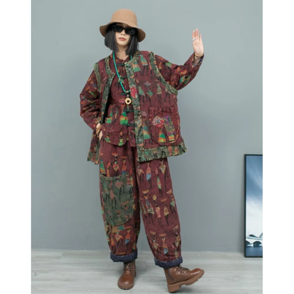 Chinese Style Vintage Printed Linen Jacket With Cotton + Thick Vest + Long Pants Three Piece Set Women Winter LX2723