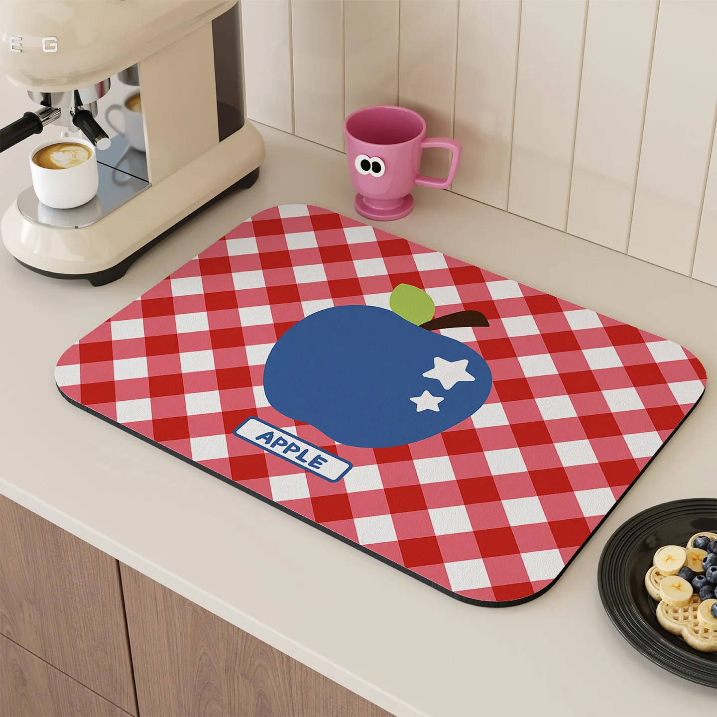 VIKAMA red gingham handwriting text dish drainer pad vintage american retro plaid kitchen table protector absorbent pad Home