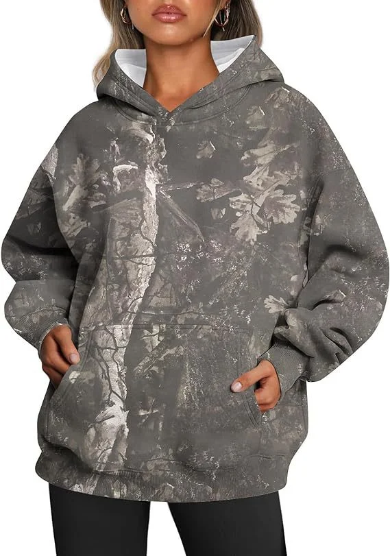 New Autumn winter women fleece hoodie fashion 3D camouflage leaf print loose pullover hoodie sweatshirt