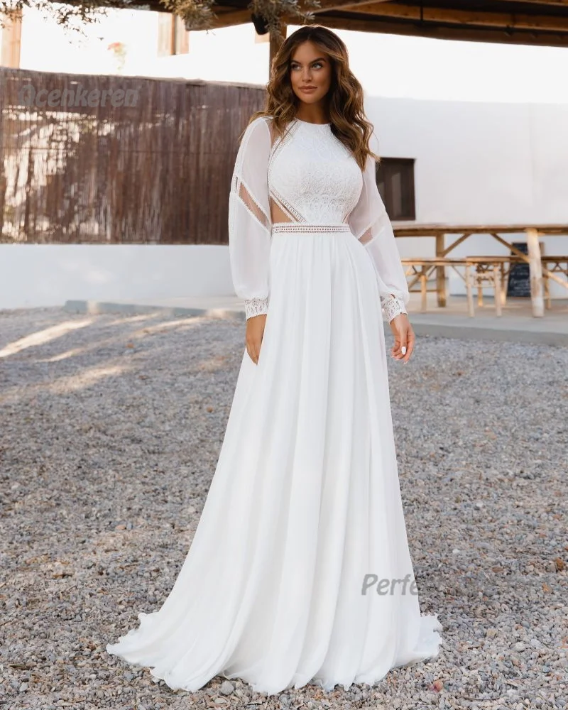 

Qcenkeren Wedding Dresses O-Neck Tulle Sleeve Women A-Line Backless Boho Style Appliques Vestido de Noiva Bridal Gowns 2024