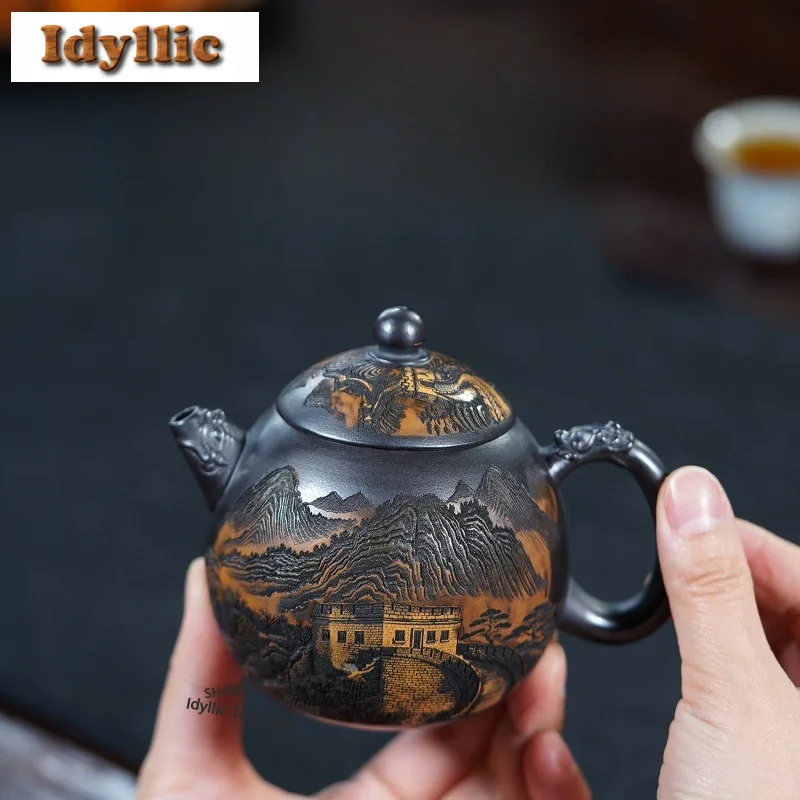 

320ml Creative Yixing Purple Clay Teapots Handmade Double Dragon Egg Pot Raw Ore Stone Yellow Mud Kettle Zisha Tea Set Gifts