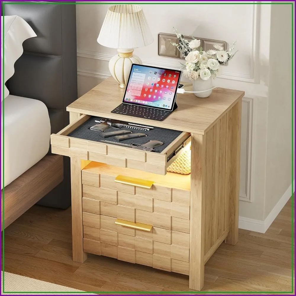 Gun Nightstand with Charging Station, Natural Lockable Hidden Drawer