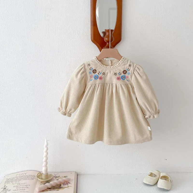 2024Spring and Autumn Baby Girl Embroidered Lace Bubble Long Sleeve Princess Dress Corduroy Skirt