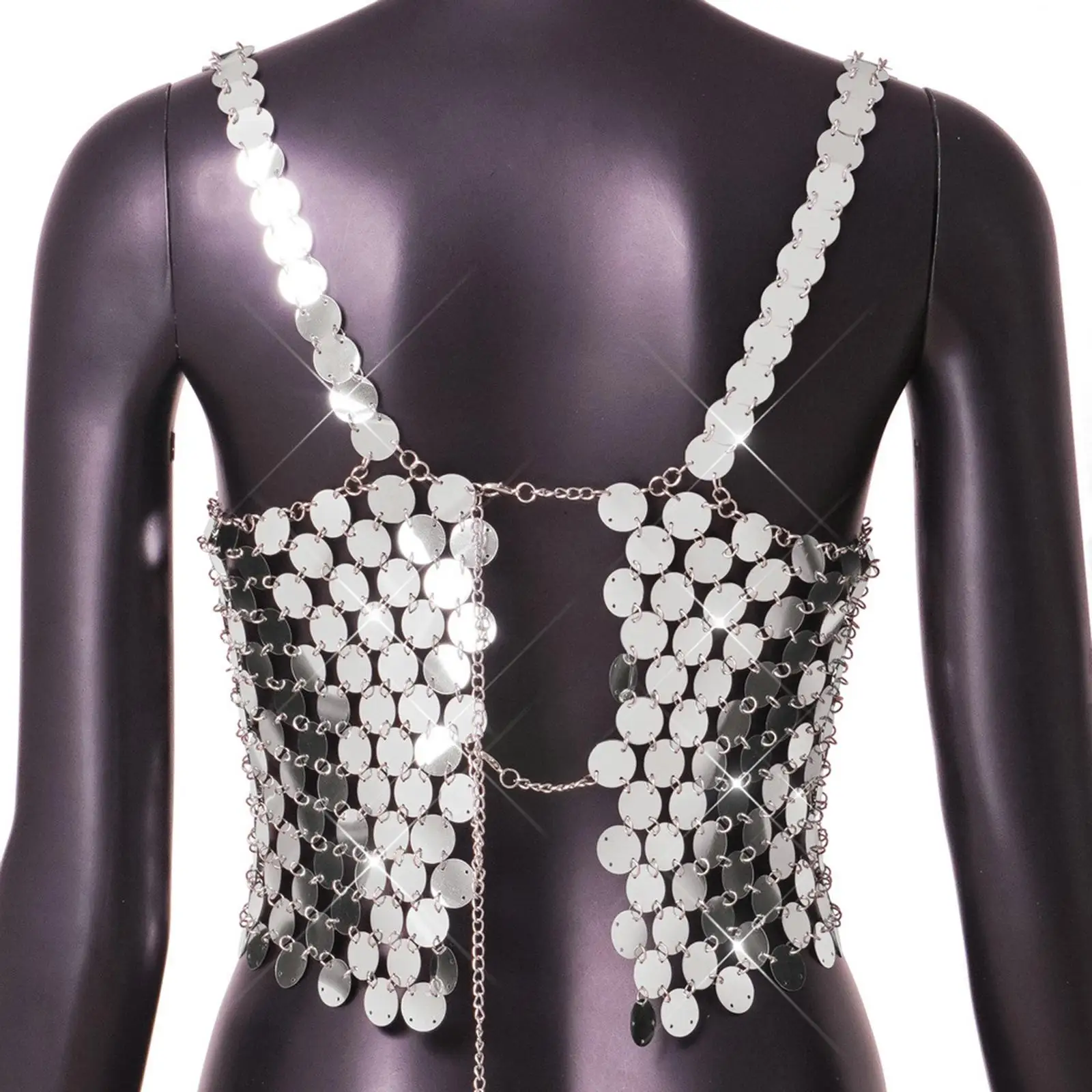 เสื้อครอปท็อปประดับเลื่อมวิบวับ สไตล์แฟชั่น บราเล็ตต์ โกธิค พร้อมสายโซ่คล้องตัว สำหรับผู้หญิง เหมาะสำหรับงานเทศกาล การเต้น และการแสดง