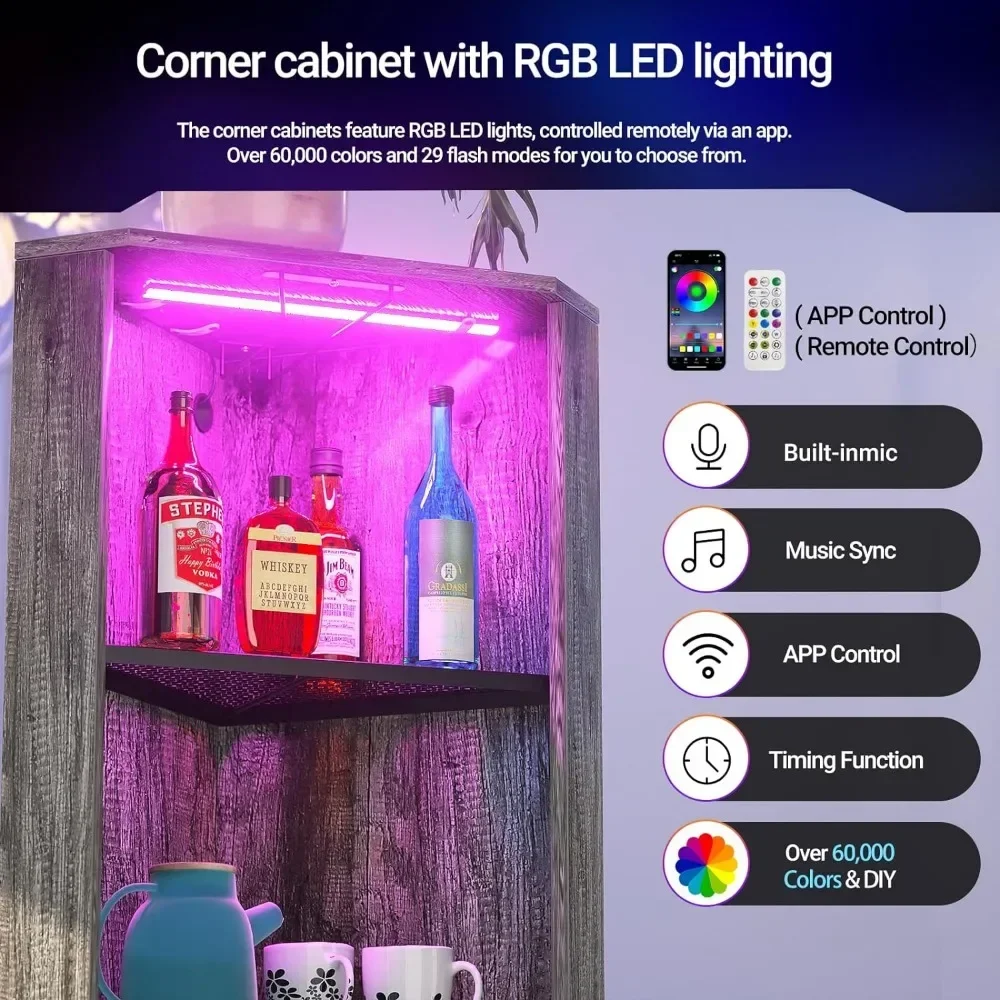 Kabinet Bar sudut dengan lampu LED dan Outlet daya, kabinet anggur industri dengan dudukan kaca, Kabinet sudut tinggi 5 tingkat