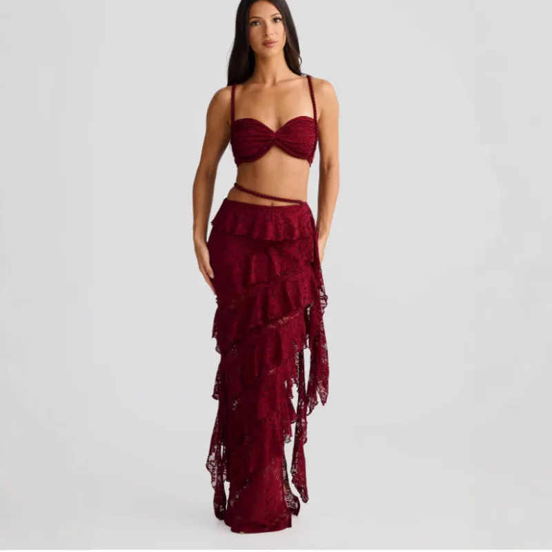 

Beach Vacation Style Pure Desire Set Women Summer New Backless Strappy Lace Bodycon Skirt Sexy Casual Outfit Trendy Two Piece
