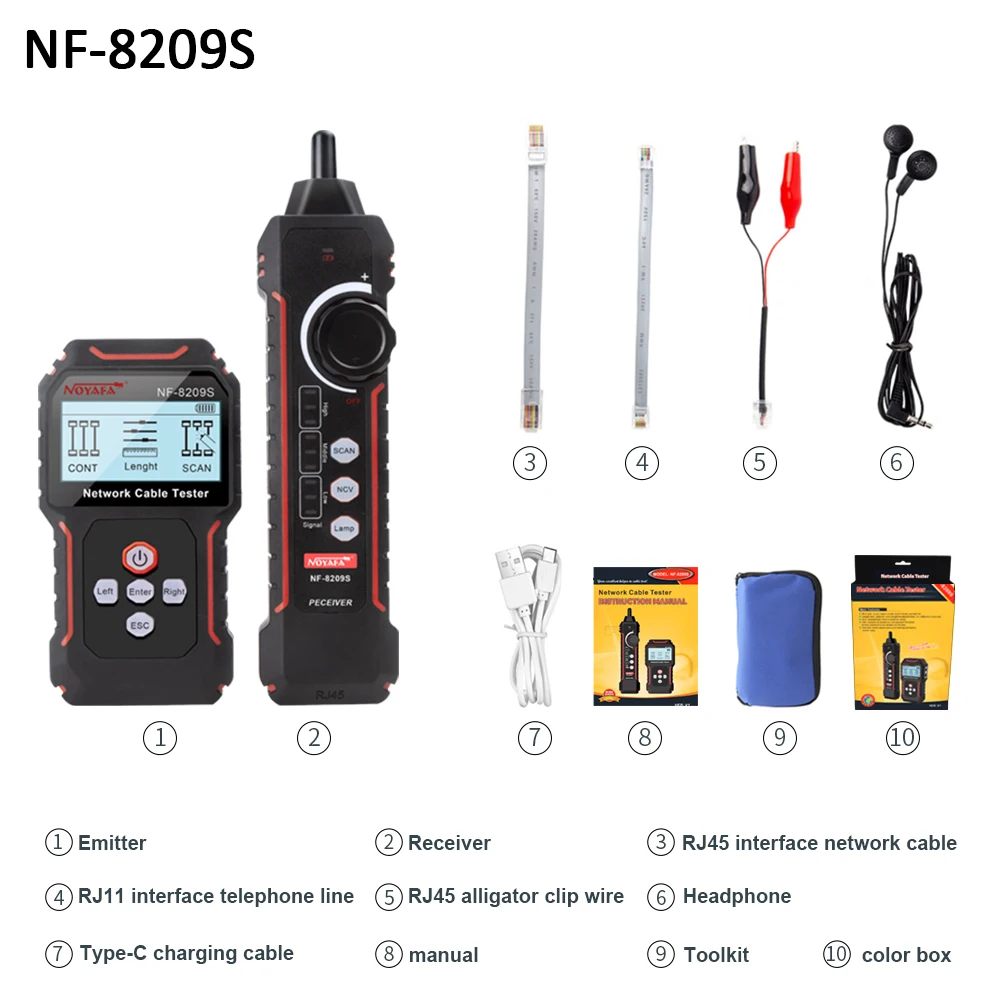 NOYAFA NF-8209S Netwerkkabeltester Kabeltracker LCD-scherm Poe Checker Cat5 Cat6 Lengte meten Wiremap Tester Netwerktools - afbeelding 1