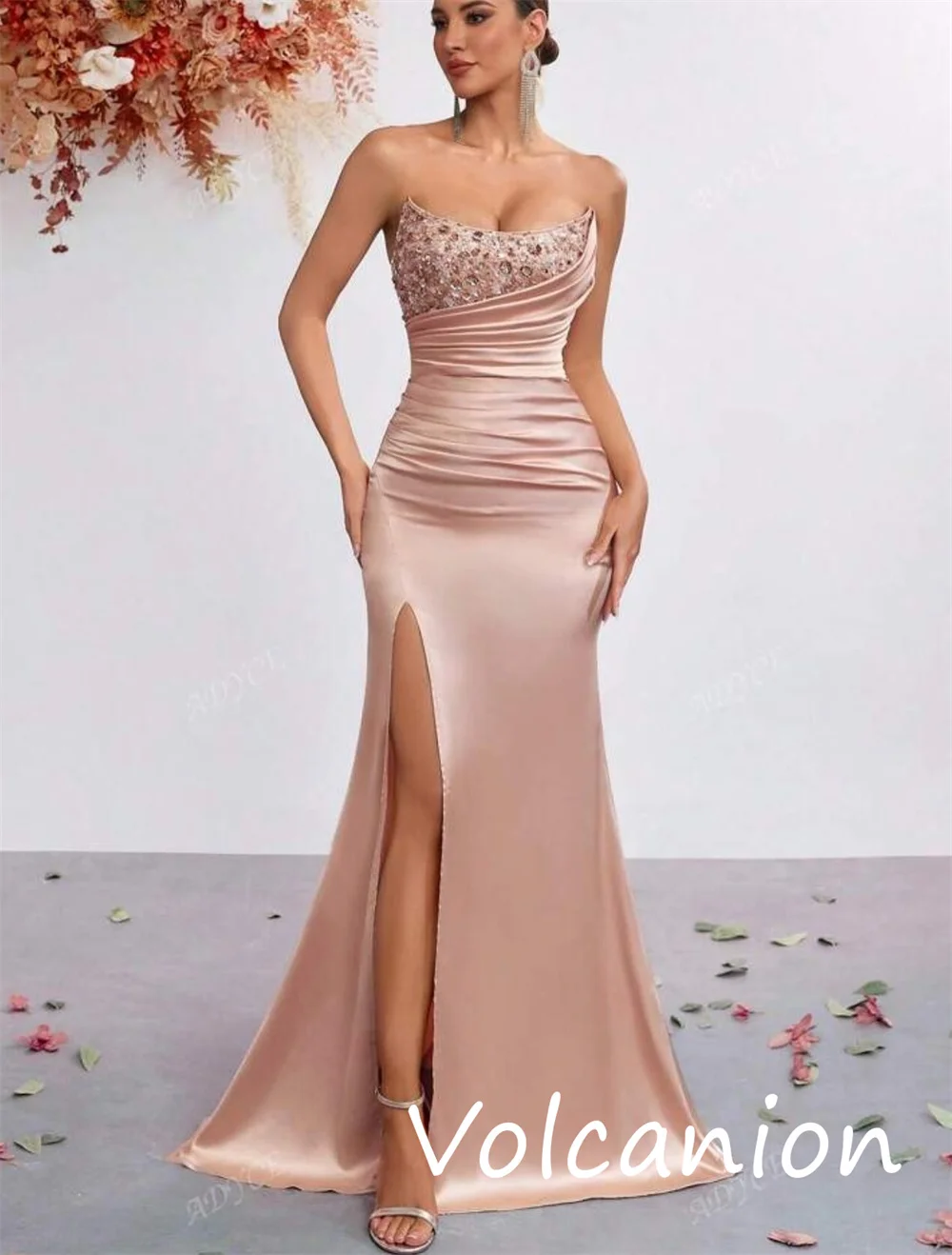 Customized Modern Style Charmeuse Sequined Pleat Trumpet Strapless Long Dresses Bespoke Occasion Sparkle