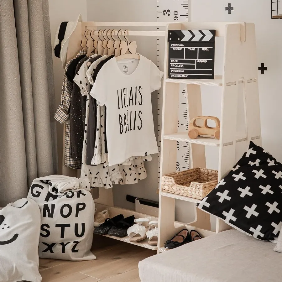 خزانة ملابس - رف ملابس خشبي مع رف عرض حاجز معلق لـ - خزانة مفتوحة لأثاث الملابس بنفسك لسهولة التجميع