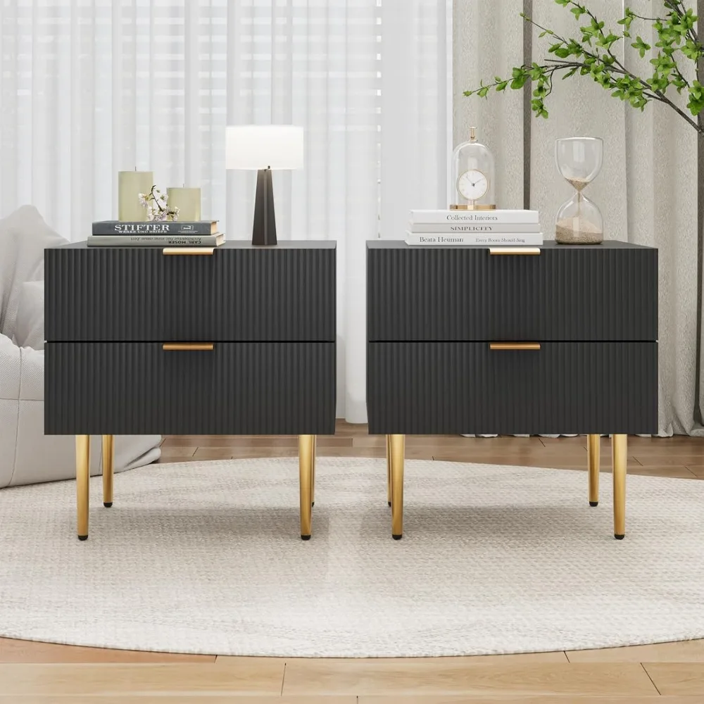 

Set of 2 Nightstand, Black Mid Century Modern Night Stand with Fluted Panel, Bedside Table with 2 Drawer, Large NightStand with