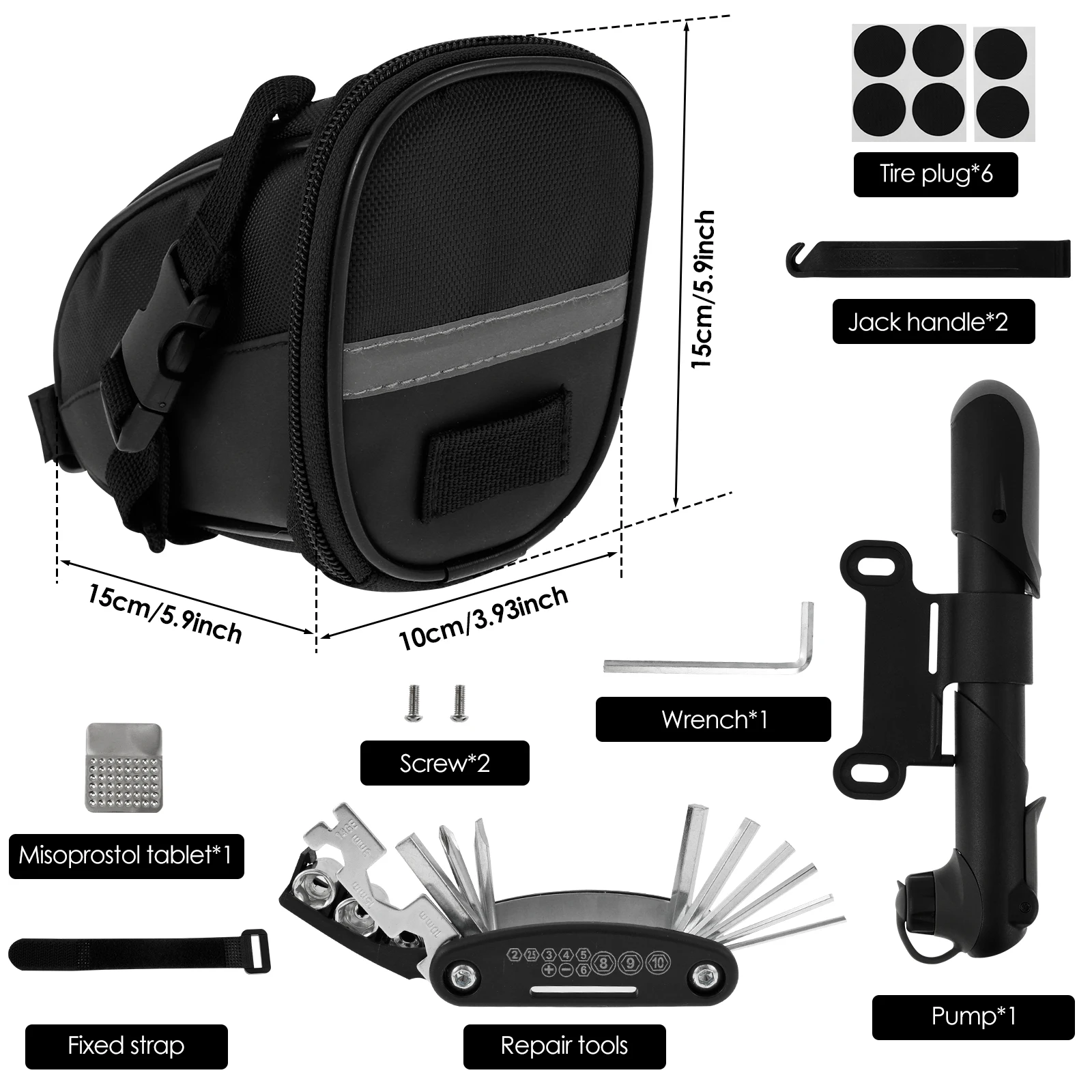 Bike Repair Tool Kit with Pump Includes various repair tools such as wrenches, pry bars, and files Bicycle riding emergency kit