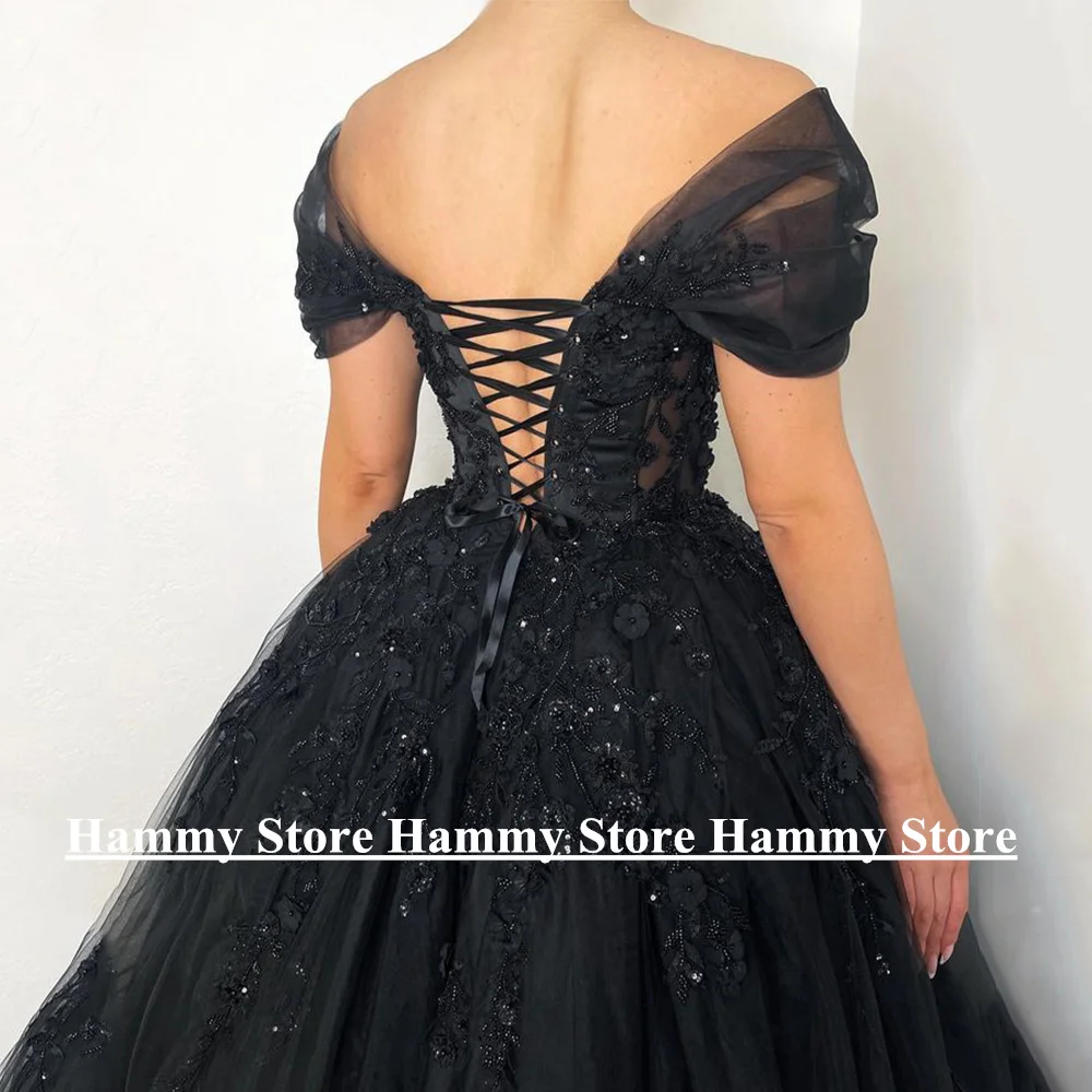Women Gothic Wedding Dress Customized Off The Shoulder V Neck Beading Sequin Applique Swee Train Corset Black Bridal Gown