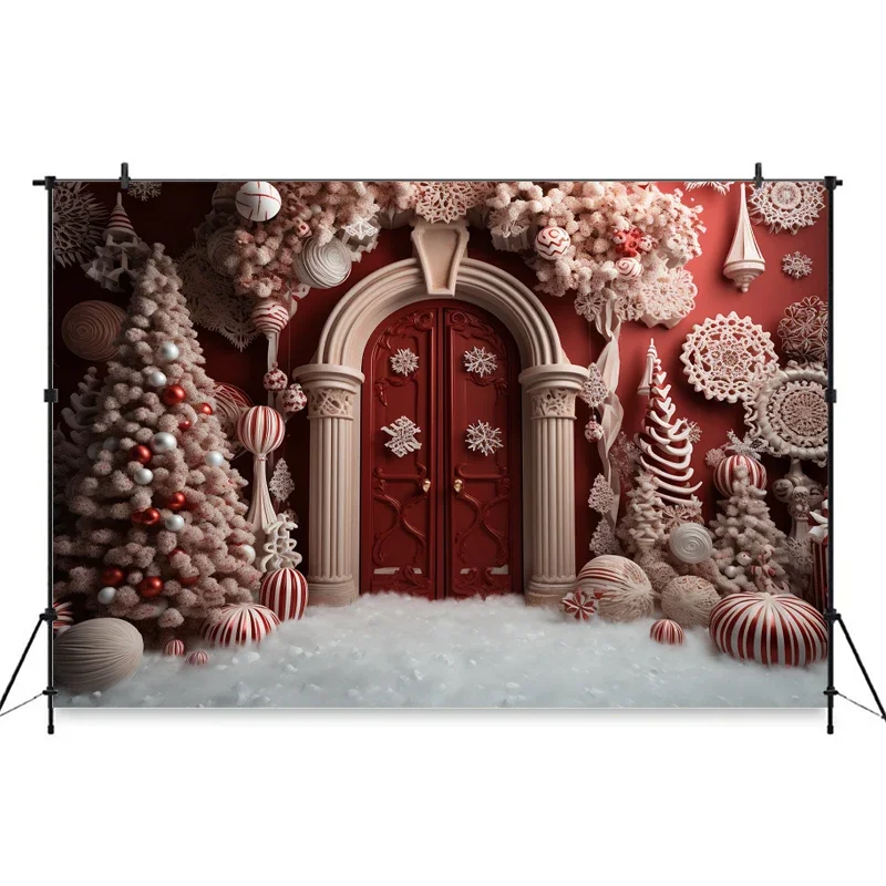 عيد الميلاد الباب الأحمر خلفية للتصوير الدعائم ندفة الثلج الحلوى الحلوى جدار شجرة فتاة صورة خلفية الديكور فوتوزون