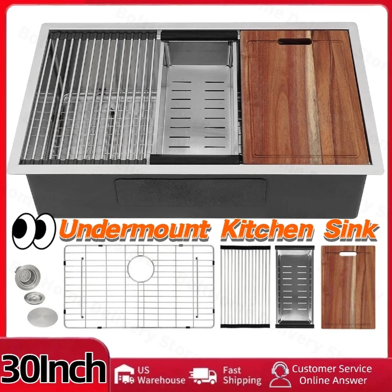 

30 Inch Undermount Kitchen Sink Workstation 16 Gauge Stainless Steel Ledge Sink Single Bowl Under Counter Basin with Accessories