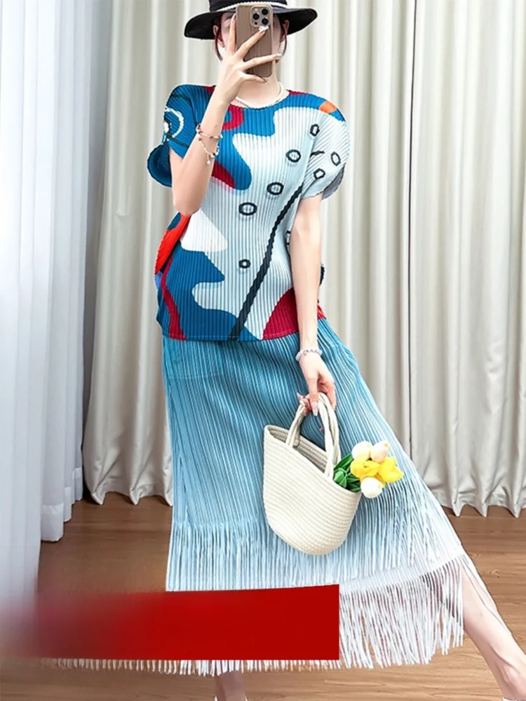 

Summer Women's Loose Wave Dot Color Blo adient Tassel Skirt Top And Skirt Set Silk Material Commute Sle round Ne or...