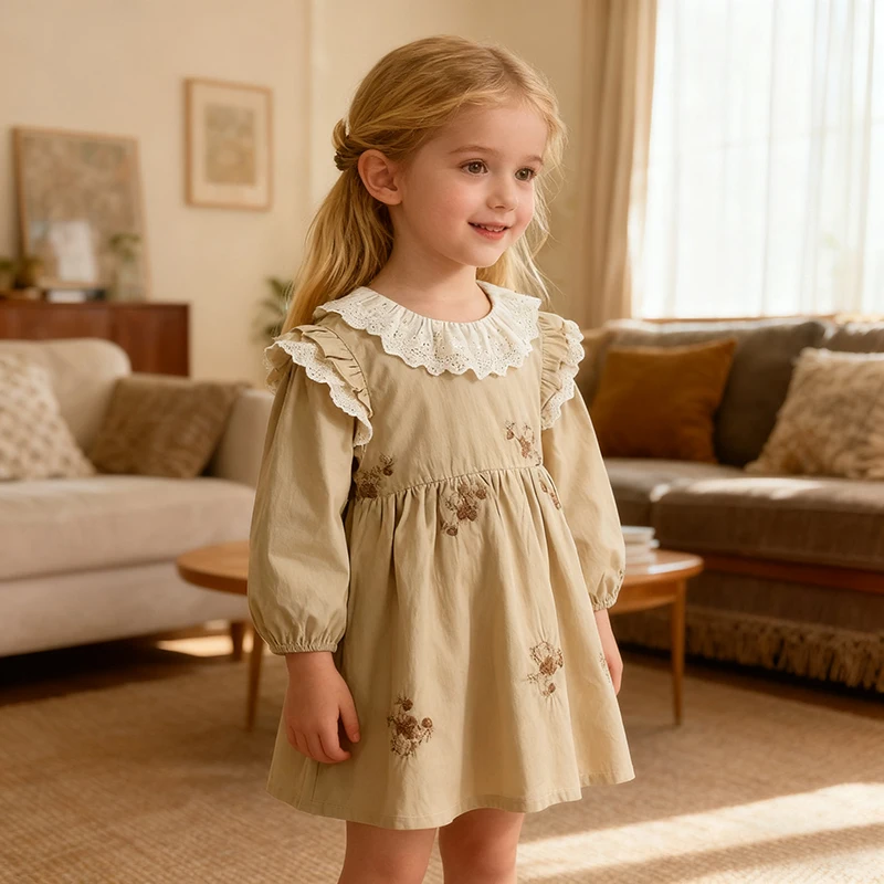 

2025 New Spring Autumn Baby Girl Dress 2-6Yrs Girl Party Dress Long Sleeved Lace Cotton Bow Baby Girl Romper Kids Princess Dress