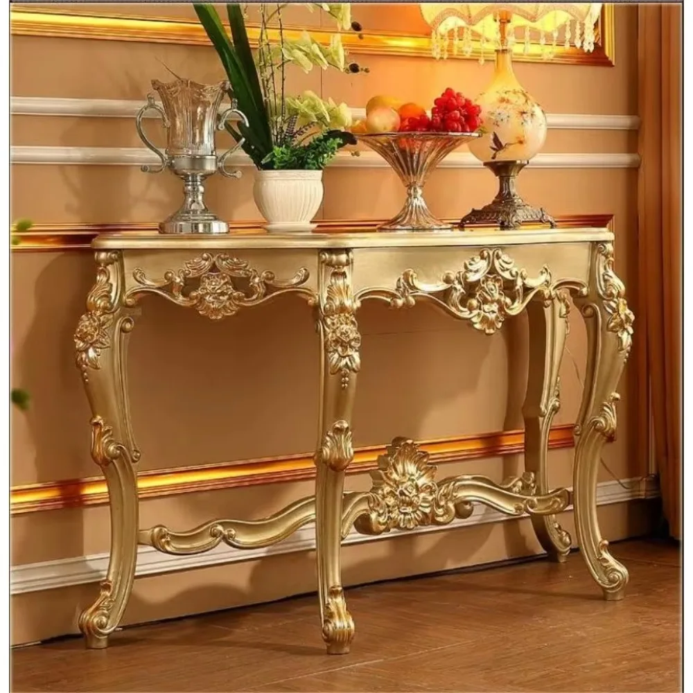 

European style all solid wood entrance champagne gold 1.3 meters semi-circular entrance table carved table end observation deck