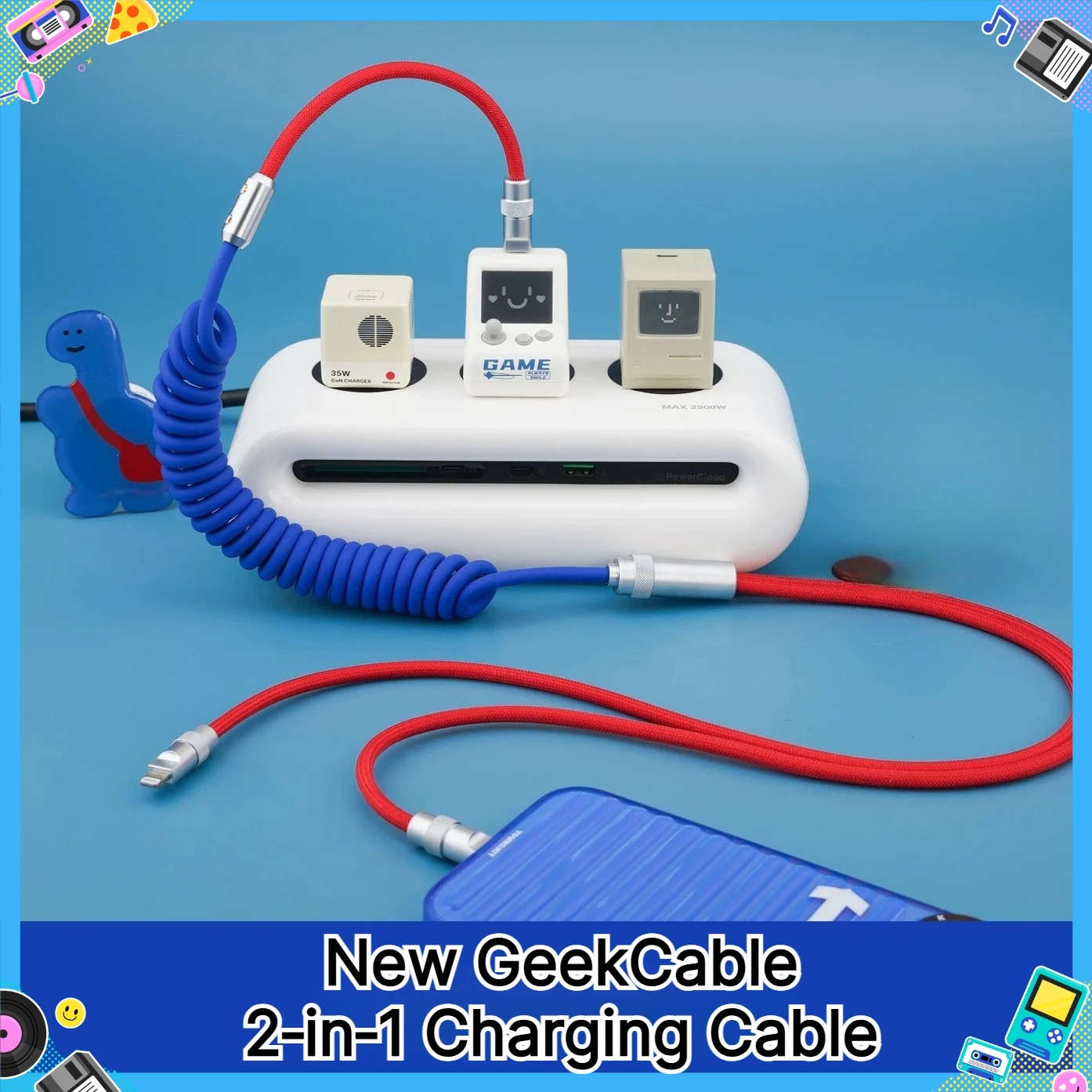 New GeekCable 2‑in‑1 Charging Cable Customized Silicone Braided Coiled Data Cable Type-C USB-A Fast Charging for Phone Accessory