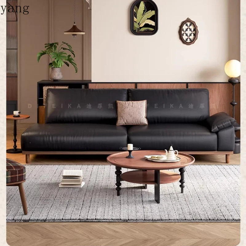 

LTT Black Leather Sofa Living Room Small Apartment Mid-Style Three-seater Inline Single Armrest Solid Wood Sofa