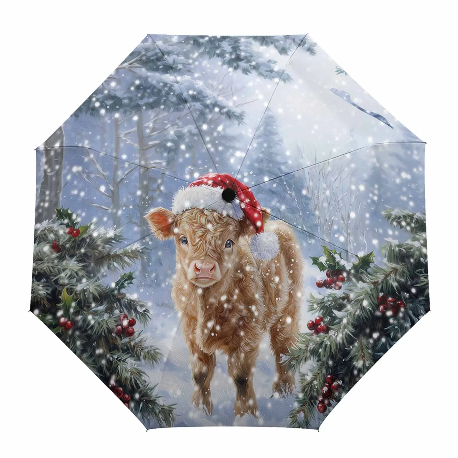 Oil Painting Christmas Highland Cow Flower Automatic Umbrella for Rain Foldable Parasol Umbrella Eight strand Outdoor Umbrellas