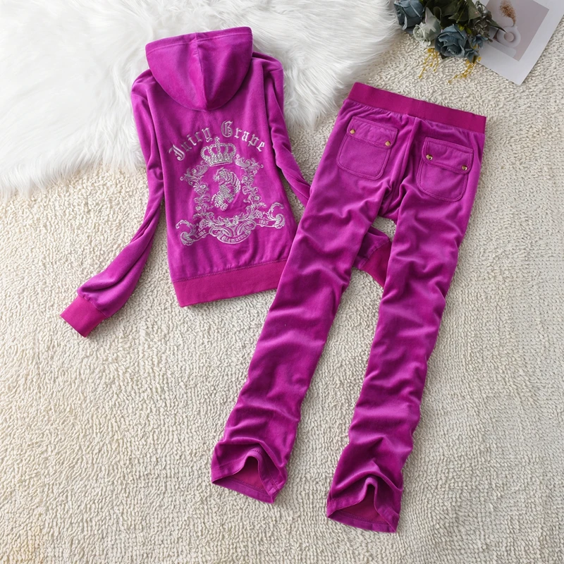 Juicy Grape 2 Piece Set Velvet Tracksuit Women\'s Hoodies and Trousers Set Elegant Business Suit