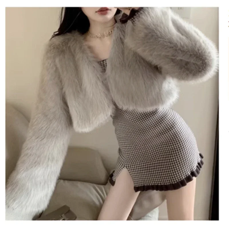 Korean Fashion Girls Fur Cardigan Short Cut Loose Long Sleeves Winter Warm Hot Sell Faux Fur Coat Solid Color Office Lady Jacket