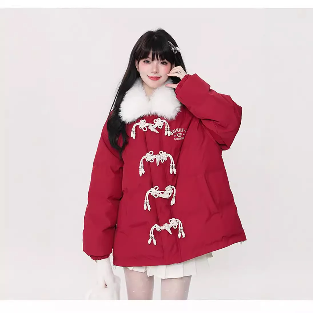 Soft Milk Style  Cotton Jacke for Women in  Winter Thick  Letter Embroidery with Cow Horn Buckle  Design Red Lapel Cotton Jacket