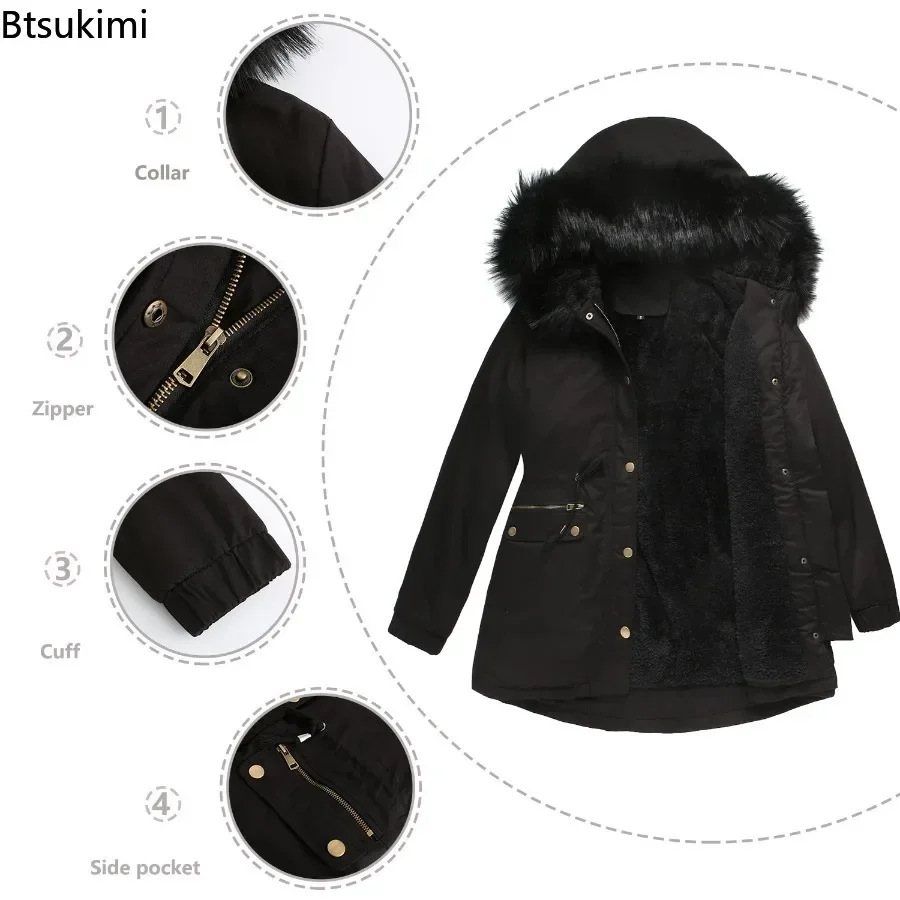 2024 Women\'s Thick Warm Parka Oversized Autumn Winter Plush Cotton Jacket Coat with Fur Collar Female Hooded Warm Jacket S-4XL