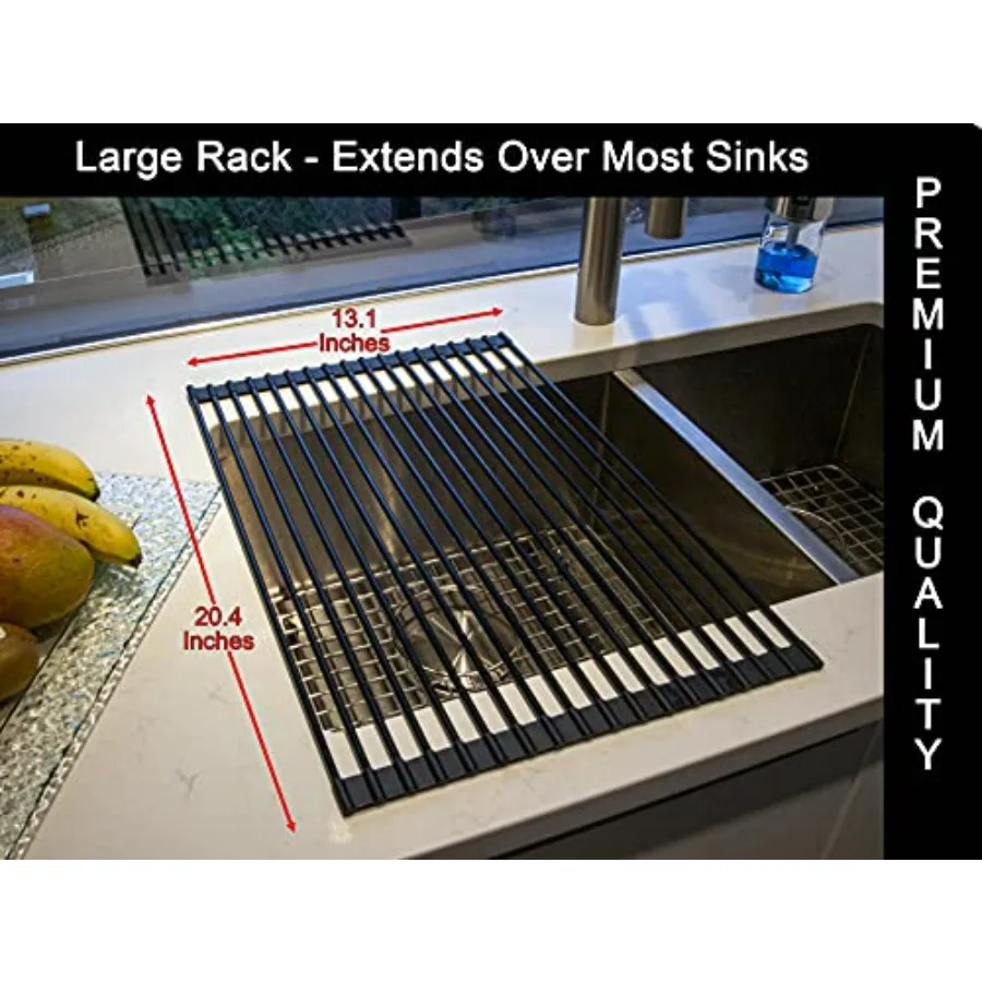 رف تجفيف قابل للطي أسود متعدد الأغراض 20.4 × 13.1 بوصة مع قضبان من الفولاذ المقاوم للصدأ الصلبة المطلية بالسيليكون لتجفيف الأطباق بكفاءة