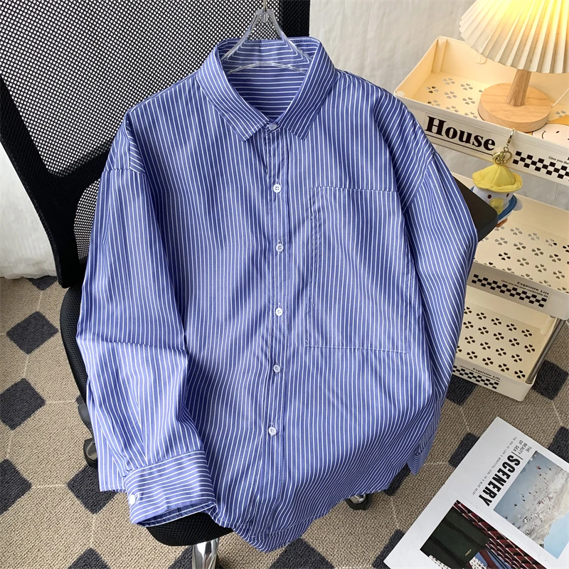

Blue Striped Loose Fit Long Sve Men's irt Casual Versatile Korean Sle Spring Autumn Outerwear for Youth