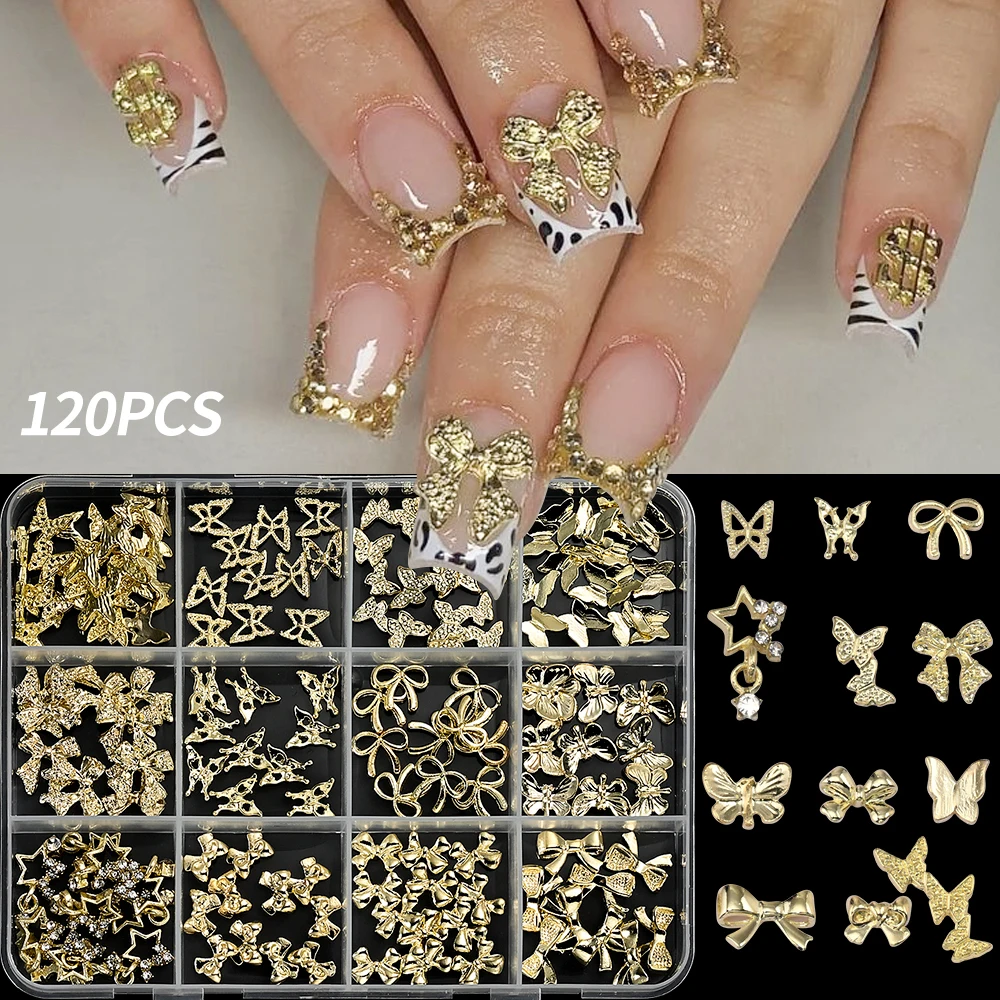 120 sztuk/pudełko Ozdoby do paznokci w stylu Y2K w kształcie motyli i kokardek, proste i lekko luksusowe złote ozdoby ze stopu, materiały do samodzielnego zdobienia paznokci *