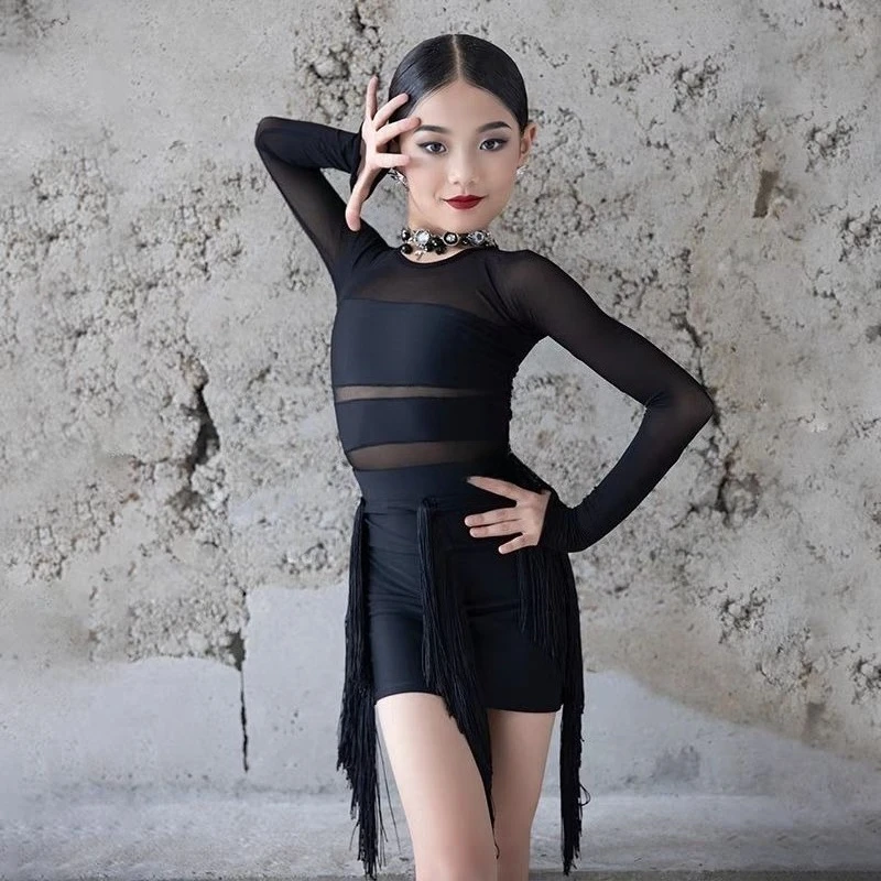 

Детское платье для латинских танцев, сетчатый топ с длинными рукавами и юбкой с бахромой, комплект тренировочного костюма для ча-ча-самбы, одежда, костюм для выступлений для девочек