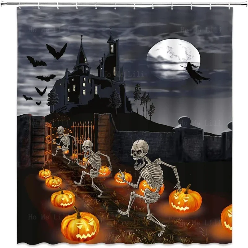 Funny Skeleton Horror Castle Haunted Mansion Witch Halloween Shower Curtain Gothic Scary Pumpkin Spooky Full Moon Night Rustic