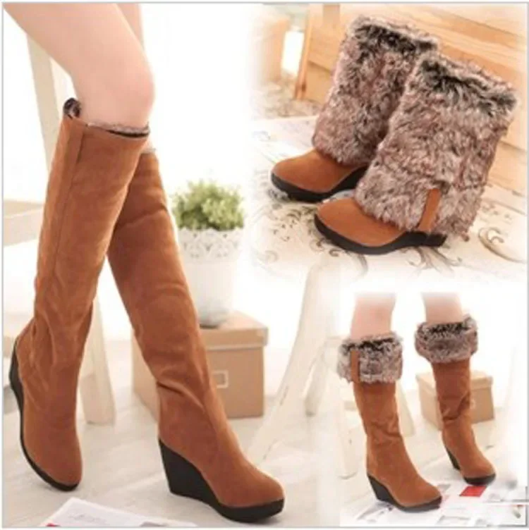 

Winter Style Fur Boots for Women, High Heels, Thick Soles, Knee High Snow Boots for Women, 2024 Warm Fur Wedge Shoes for Women