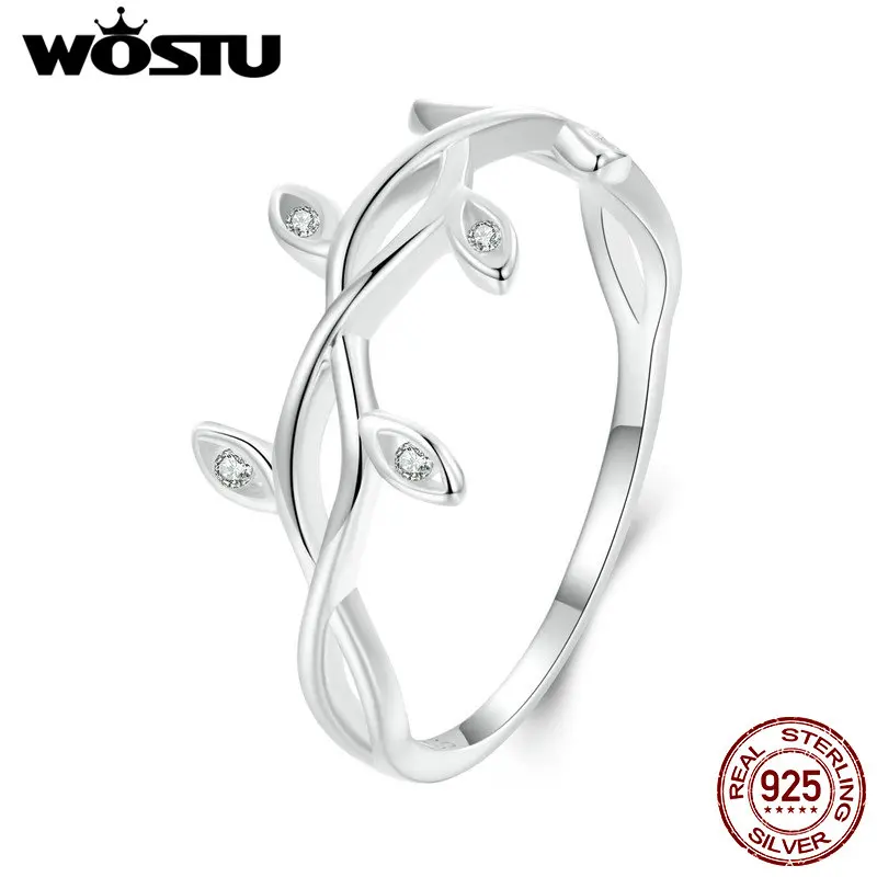 WOSTU 925 Sterling Silver Hollow out Leaf Zircon Ring Cocktail Party Women Band Rings Girl Party Gift Wedding Jewelry Accessory