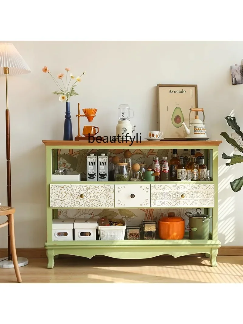 new styleAmerican-Style Retro Green Carved Sideboard Cabinet Home Living Room European-Style Display Cabinet Wall Storage ss 730