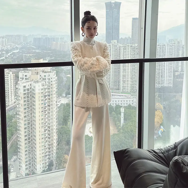 

French style small fragrance white velvet niche design jacket wide leg pants temperament two-piece set for women