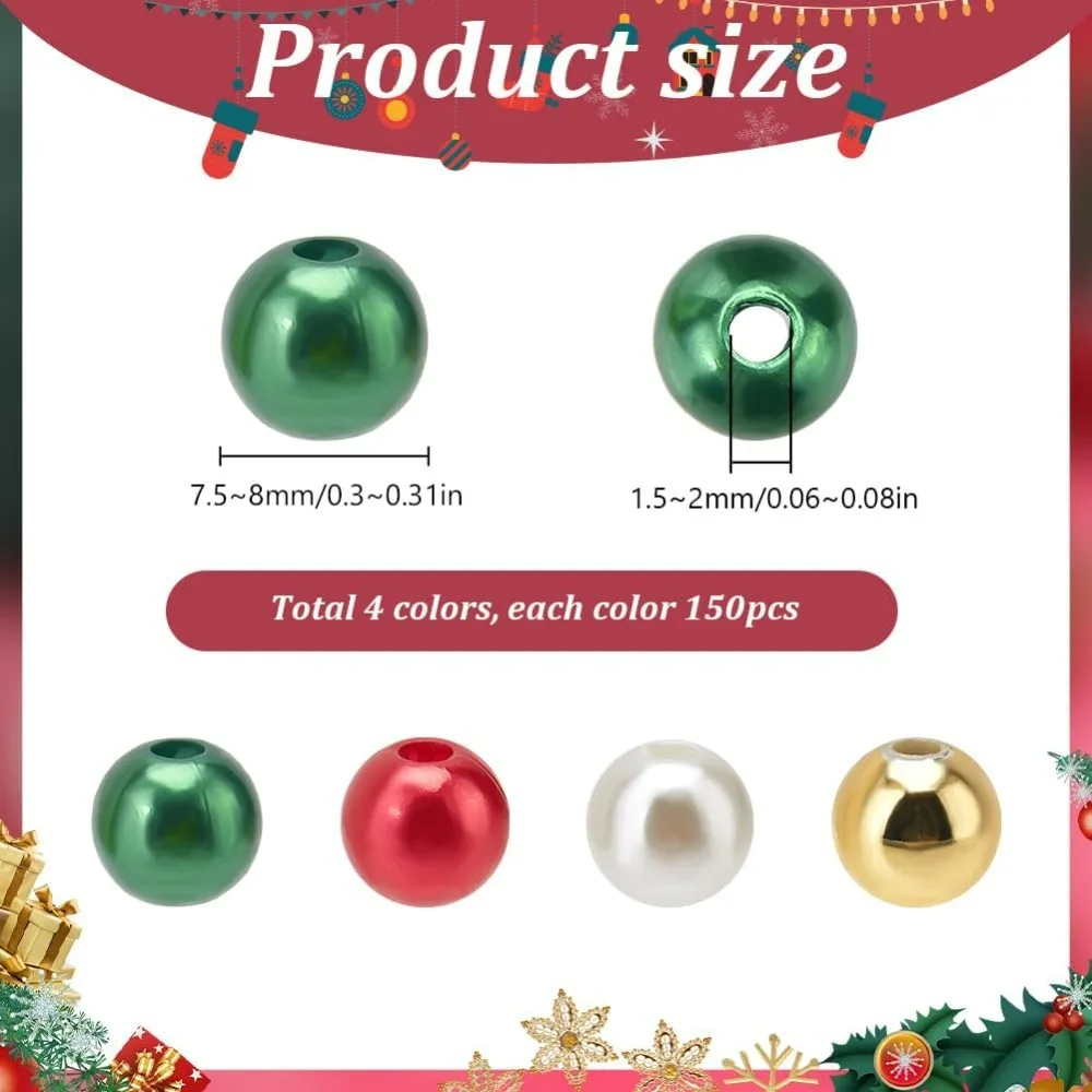 600pcs 4 Colors 8mm Imitation Pearl Beads Christmas Theme Beads Acrylic Plastics Red Green Gold Dyed Faux Artificial making kit