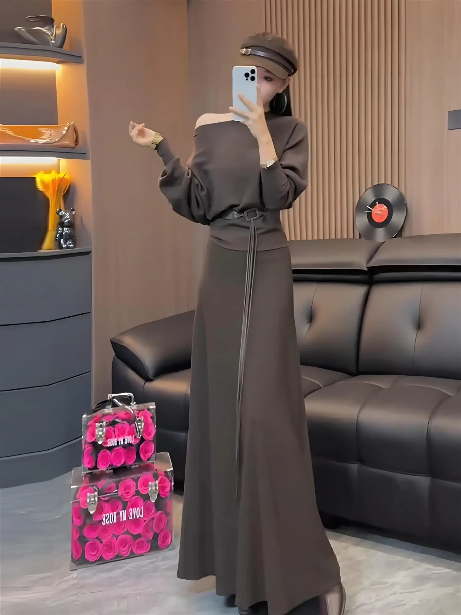 

Korean Style Long Sleeve T-Shirt Set High Waist Draping Skirt Two Piece Set Slimming Fall New Arrival Casual Workwear