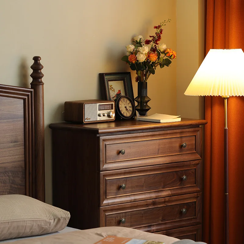 American all-solid wood chest of drawers, black walnut chest of drawers, simple Japanese medieval storage lockers, living room