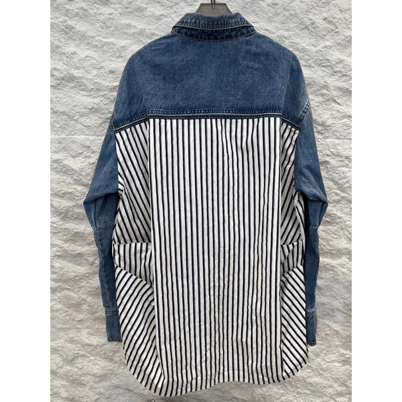 Denim Patchwork Striped Shirt, Korean Shoulder Zipper Design for Loose and Slimming Long Sleeved Top, Women's Spring and Autumn